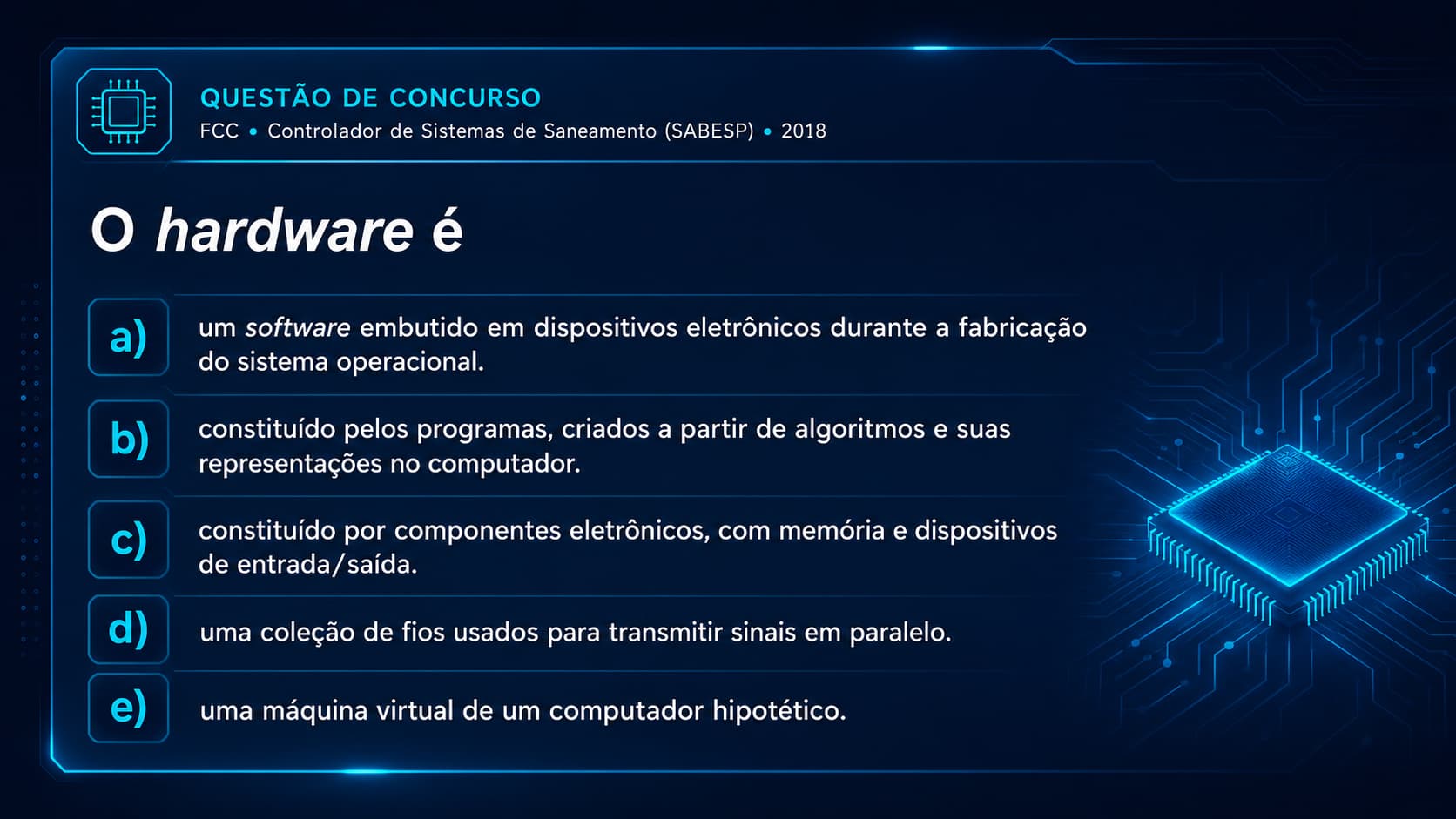 Questão FCC - Controlador de Sistemas de Saneamento (SABESP)/2018: O hardware é...