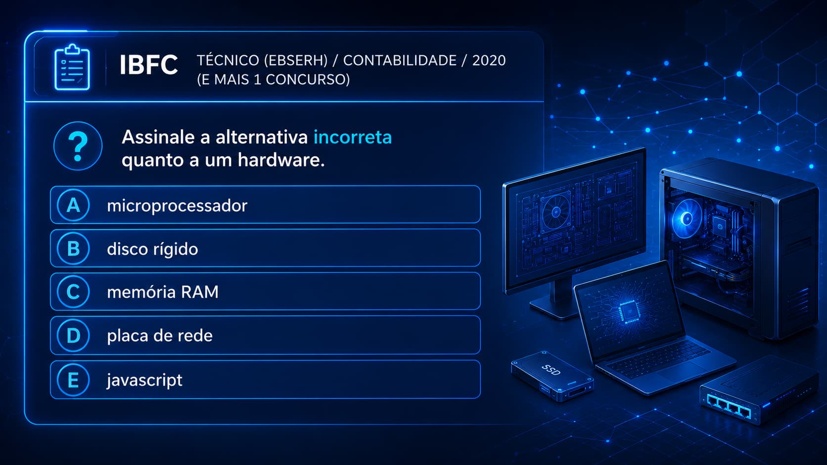 Questão IBFC - Técnico (EBSERH)/Contabilidade/2020: Assinale a alternativa incorreta quanto a um hardware