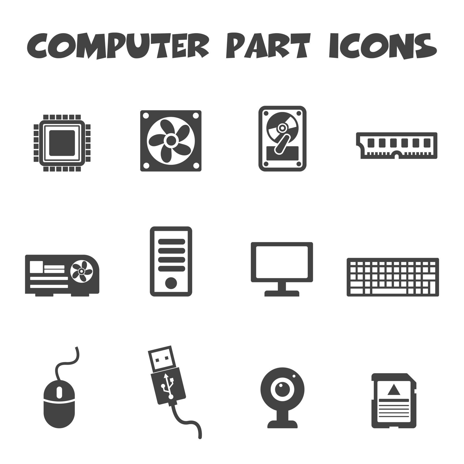 Ícones de componentes de computador: processador, cooler, HD, memória RAM, fonte, gabinete, monitor, teclado, mouse, USB, webcam e cartão de memória